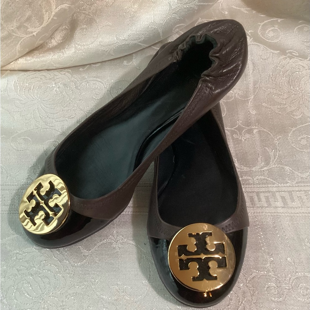Tory Burch Serena Ballet Flats Choc Brown Leather/Black Patent Size 6.5M w Box